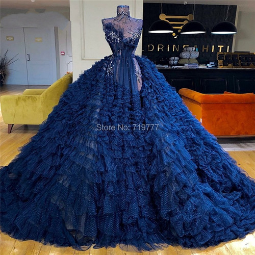QueenLine Blue Tiered Tulle Ball Gown Evening Dress Prom Dresses Couture Celebrity Pary Gowns Arabic Dubai Robe De Soiree