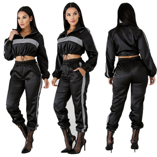 QueenLine 2 Two Piece Set Sportwear Autumn Reflective Tracksuit Women Clothes Black Crop Top + Pants Sweat Suit Outfits Matching Sets