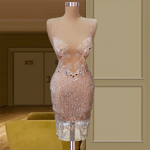 QueenLine Robes De Cocktail See Through Evening Dresses Party Gowns Crystal Beading Dress