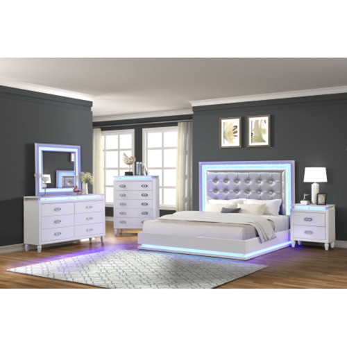 QueenLine Passion Queen 6 PC Bed Room Set Nightstand Dresser Chest Cabinet Cupboard Forcer Milky White with Led Bedroom Furniture