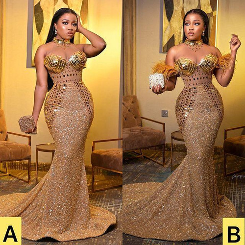 QueenLine Plus Size Arabic Aso Ebi Gold Luxurious Mermaid Prom Dresses Crystals Beaded Feather Evening Formal Evening Party Gowns
