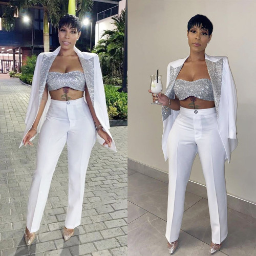 QueenLine White Silver Color Matching Suits For Wedding Sequins Mother of the Bride Pants Suit Evening Party Tuxedos Formal Wear 2 Pieces