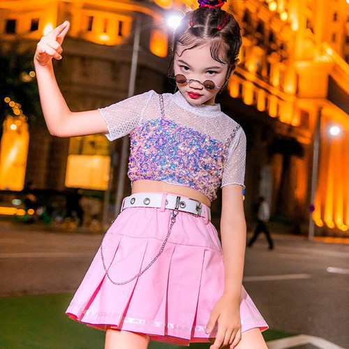 QueenLine Girls Jazz Dance Performance Suit Pink Sequin Vest Mesh Tops Kids Street Dance Practice Clothing Hip Hop Stage Costumes