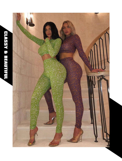 QueenLine women fitness two pieces set elastic skinny print outfit autumn full sleeve crop top + high waist leggings tracksuit