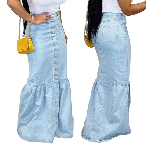 QueenLine  Blue Button Front Fishtail Hem Denim Maxi Skirt Women Autumn Pocket High Waist Party Casual Slim Fitted Mermaid Skirts