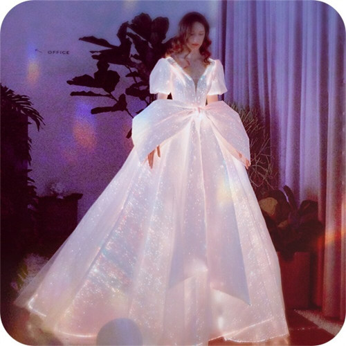 QueenLine  Handmade Couture Vestidos De Novia V Neck Short Puff Sleeve Glitter Led Light Up Bowknot Dress For Wedding Rave