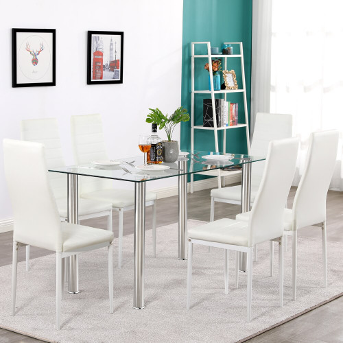 QueenLine Kitchen Furniture Sets Simple Transparent Glass Iron Dining Table and 6pcs Elegant Stripping Texture High Backrest Chairs Modern
