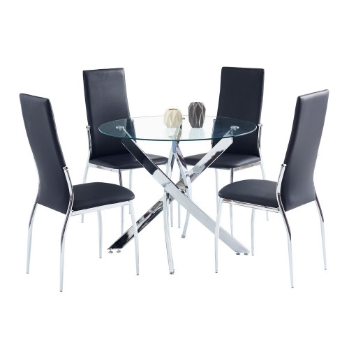QueenLine Dining Table Chairs Set Include 1 Round Spiral Cross Leg Glass Dining Table + 4 Simple Flat PU Leather Dining Chair Black