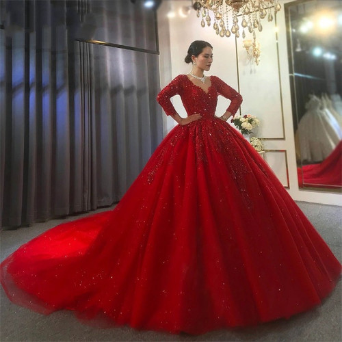 QueenLine red wedding dress with long lace sleeves bridal dress