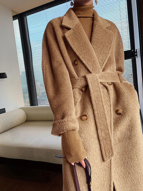 QueenLine High Grade Sheep Camel Hair Mid Length 100% Alpaca Winter Thickened Warm Woolen Coat