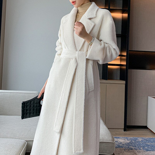 QueenLine Thickened Warm 100% Alpaca Wool Long Milk White Orange Camel Casual Classic Lace-up Commuter Coat 