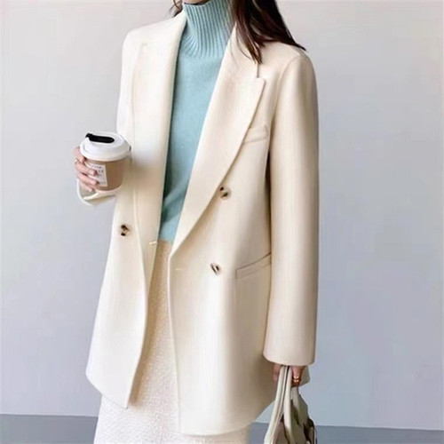 QueenLine New Wool Coat Double breasted Double-sided Jacket Commuter European and American Mid length Suit Collar Coat