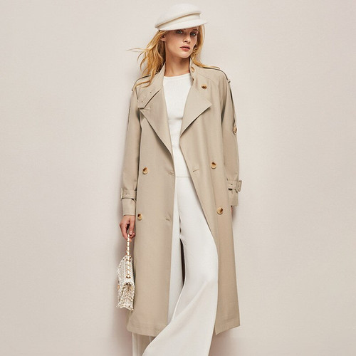 QueenLine new high-end casual loose trench Hepburn style stand collar temperament women trench coat