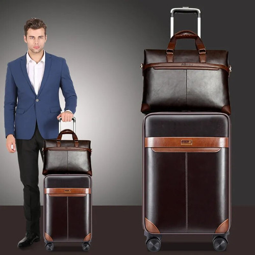 QueenLine Retro Wheel Spinner 24 Inch 20 Inch Cabin Password Men Business PU Leather Rolling Trolley Luggage Set   