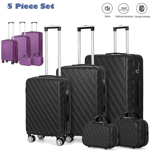 QueenLine 5Pcs Carry On Purple Set ABS Hardshell Trolley Suitcase +TSA Lock with Spinner Wheel Luggage Set
