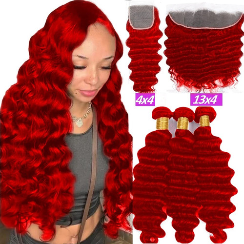 QueenLine Hot Red Loose Deep Wave Brazilian Hair Weave Pre Plucked Colored Bundles With Frontal Closure
