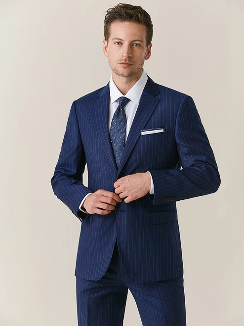 QueenLine 100% 130S Wool Deep Blue Stripe Slim Style Single Breasted Suit Set 