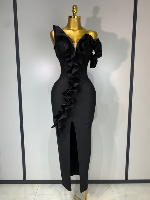 QueenLine Celebrity Elegant Luxury Sexy Backless Ruffles Bodycon Split Bandage Evening Dress