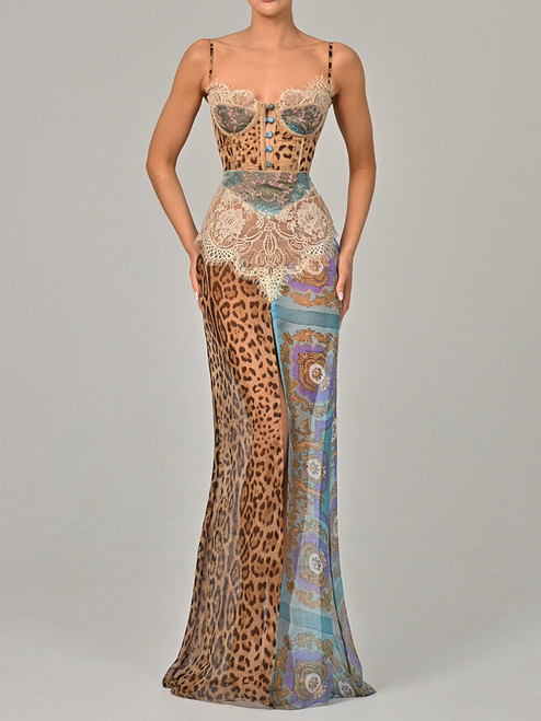 QueenLine Leopard Print Lace Split Sexy Maxi Elegant Patchwork Chiffon Sleeveless Backless Beach Evening Dress