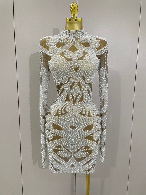 QueenLine Luxury Rhinestones Pearls Wedding cocktail Long Sleeves Mesh Evening Dress