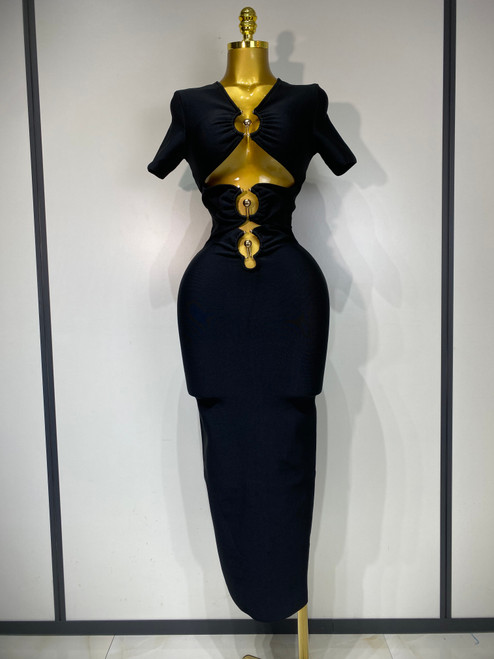 QueenLine Sexy Bandage Knitted Cut Out Short Sleeve Bodycon Long Evening Dress