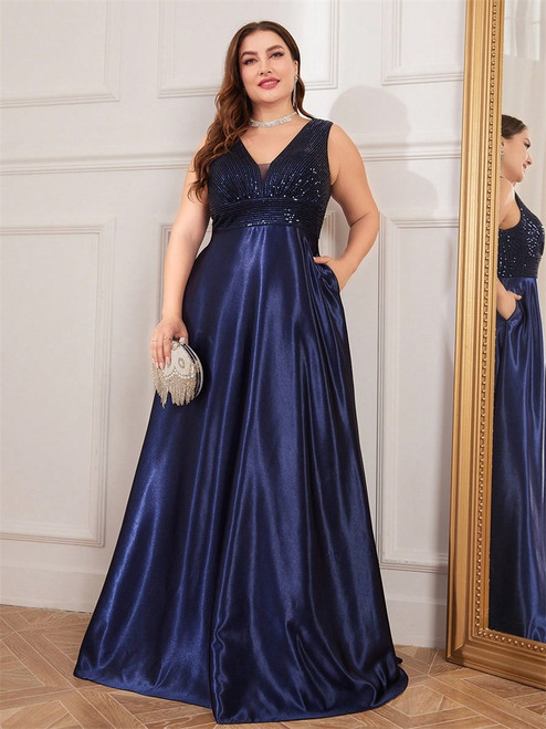 QueenLine Plus Size Elegant Sequins Evening V-neck Satin Prom Floor Length Formal Bridesmaid Gowns