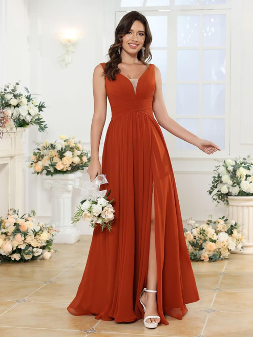 QueenLine Simple Chiffon Bridesmaid with Pockets Long V Neck Formal Dress with Slit