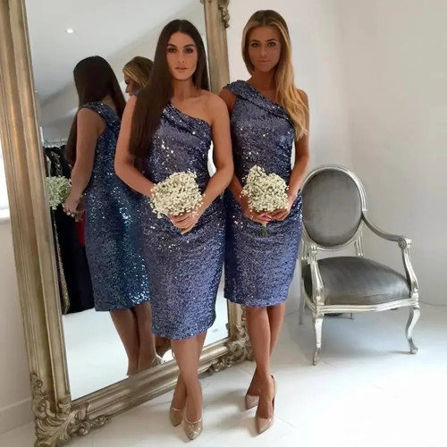 QueenLine Sparkly Sequins Bridesmaid Short Honor Of Maid Formal Wedding Guest Custom Cocktail Party Gowns