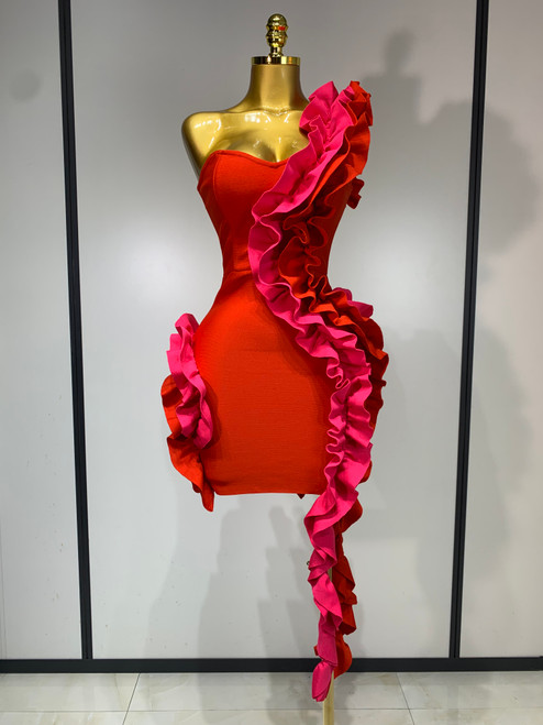 QueenLine Luxury Elegant Celebrity Sexy One Shoulder Red Ruffles Bodycon Bandage Evening Dress