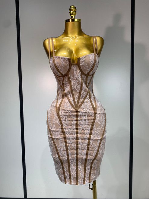 QueenLine Luxury Celebrity Elegant Khaki Spaghetti Strap Lace Sexy Bodycon Cocktail Bandage Dress