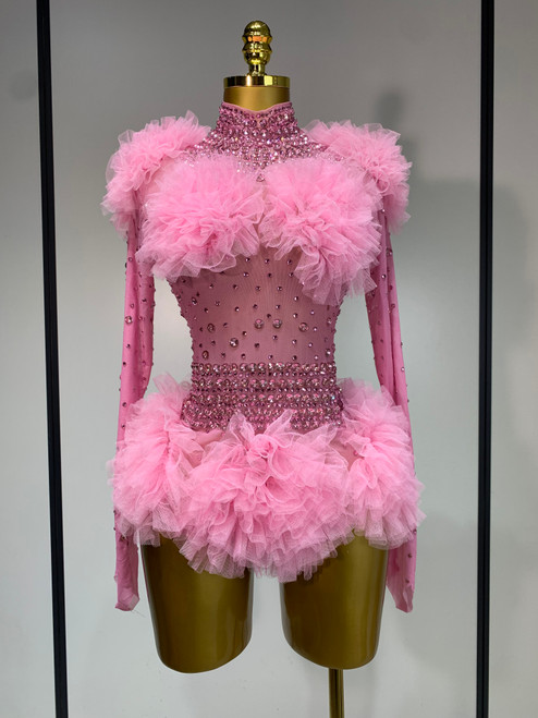 QueenLine Celebrity Sexy See Through Rhinestone Bodysuit Sexy Tight Mesh Ruffles Performance Dancer Singer Dress
