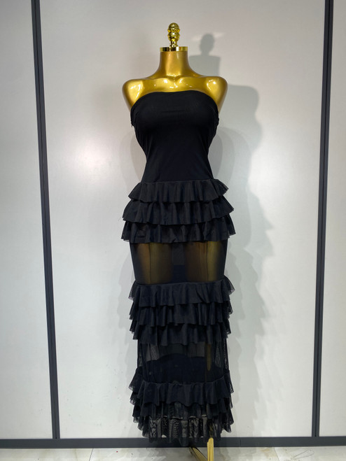 QueenLine Celebrity Sexy Strapless Ruffles Long Black Backless Mesh See Through Design Evening Birthday Dress