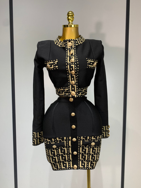 QueenLine Elegant Luxury Celebrity Black Long Sleeves Bottons Top Bodycon Mini Skirt Suit Evening Two Pieces Bandage Set