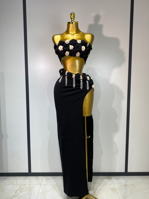 QueenLine Luxury Elegant Celebrity High Quality Sexy Flower Strapless Top High Slit Long Skirt Elegant Evening Party Two Piece Set