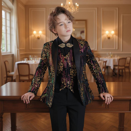 QueenLine Sequin Wedding Tuxedo Formal Performance Costume Custom Made Boys Suit Set