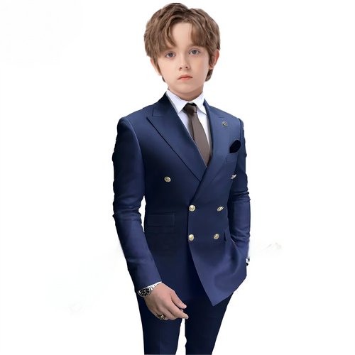 QueenLine Navy Blue Double Breasted Blazer Wedding Tuxedo Jacket Pants Formal 2-16 Years Old Boys 2 Piece Suit