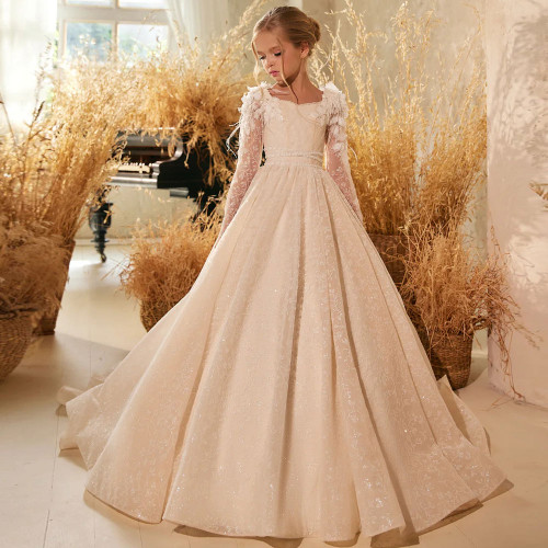 QueenLine Champagne Luxury Long Sleeve lace Applique Princess Wedding Birthday Gowns