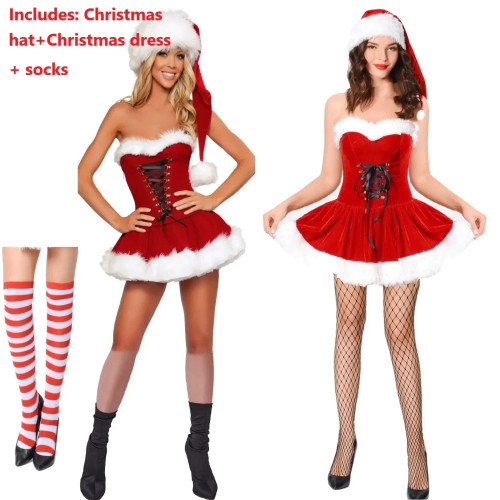 QueenLine Christmas Sexy Red Velvet Cosplay Santa Claus Costumes Suit