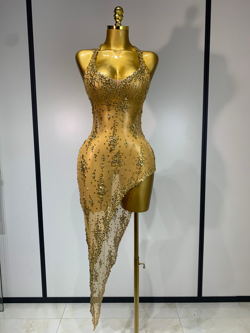 QueenLine Celebrity Sparkly Crystal Diamond Gold Sexy See-Through Sheath Performance Custome Birthday Evening Dress