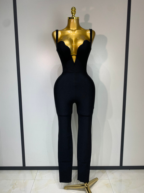QueenLine Luxury Sexy Sleeveless V-Neck Bodycon Bandage Birtyday Cocktail Evenin Party Jumpsuit