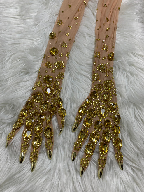 QueenLine Sexy Luxury Gold Rhinestones Mesh Long Gloves Dancer Singer Stage Sparkly Accessories