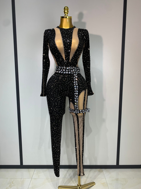 QueenLine Sexy Sparkly Diamond Black Long Sleeves Bodycon Mesh Jumpsuit Evening Performance Stage Dress