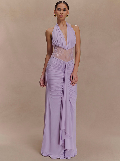QueenLine Halter Backless Ruched Sexy Mesh See Through Sleeveless Draped Bodycon Long Maxi Dress