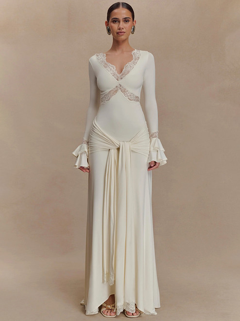 QueenLine Lace Patchwork V Neck Backless Draped Ruched Long Sleeve Sexy Maxi Dress