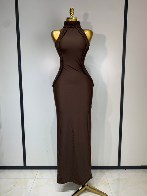 QueenLine Celebrity Elegant Luxury Sexy Brown Bodycon Long Mesh See Through Evening Dress