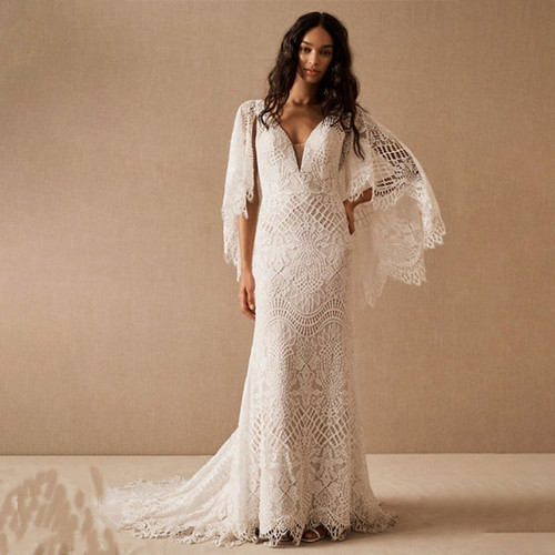 QueenLine Long Batwing V Neck Sleeves Lace Plus Size Criss Cross Custom Made Mermaid Boho Outdoor  Wedding Dress