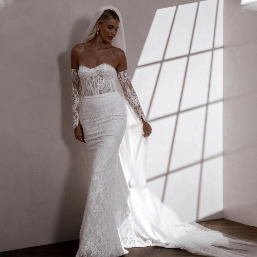 QueenLine Charming Removeable Sleeves Sweethart Full Lace Mermaid Sweep Trian Custom Made Wedding Dress