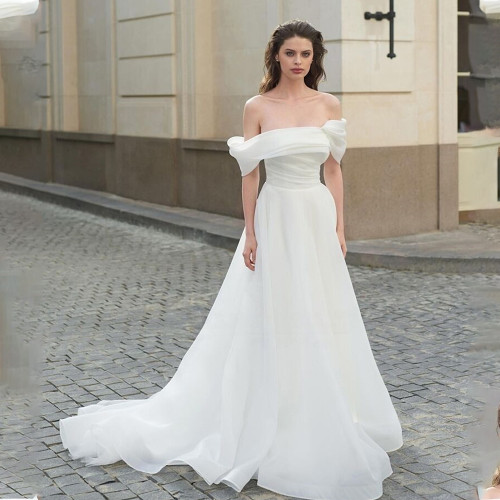 QueenLine Elegant Off The Shoulder Organza A Line  Side Slit Custom Made Wedding Dress