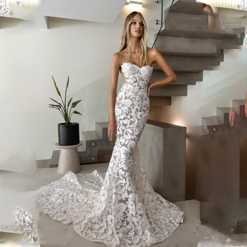 QueenLine Sexy Sweetheart Full Lace Applique Born Bodce Mermaid Backless Sweep Train Custom Made Wedding Dress
