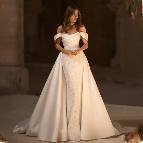QueenLine Charming Off The Shouler Pleat Shiny Beaded Sequined Mermaid With Detachable Train Custom Made Wedding Dress